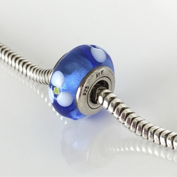 Pandora Blue White Floral Murano Glass Bead Charm .925 Sterling Silver - Picture 3 of 7